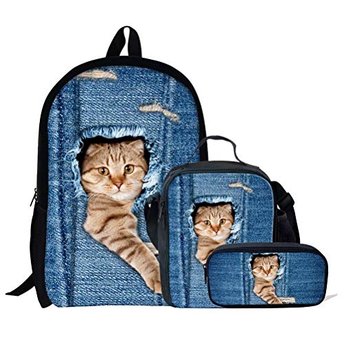 Schultaschen-Set für Mädchen, Tierpferd-Druck, 3-teilig, Kinder-Büchertasche, Schulrucksack, Handtasche, Geldbörse, leicht, große Büchertaschen, Tier-Katze 5 (3p, Einheitsgröße, Tagesrucksäcke von fifbird