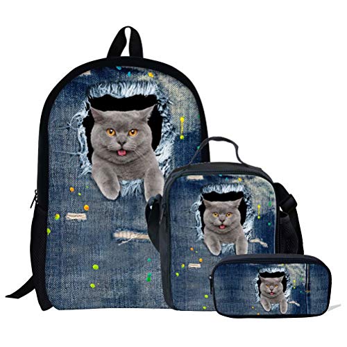 Schultaschen-Set für Mädchen, Tierpferd-Druck, 3-teilig, Kinder-Büchertasche, Schulrucksack, Handtasche, Geldbörse, leicht, große Büchertaschen, Tier-Katze 9 (3p, Einheitsgröße, Tagesrucksäcke von fifbird