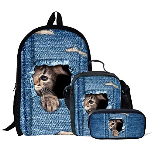 Schultaschen-Set für Mädchen, Tierpferd-Druck, 3-teilig, Kinder-Büchertasche, Schulrucksack, Handtasche, Geldbörse, leicht, große Büchertaschen, Tierkatze-4 (3p, Einheitsgröße, Tagesrucksäcke von fifbird