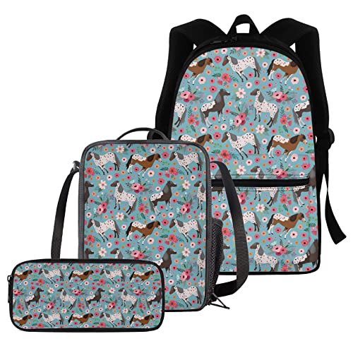 Schultaschen-Set mit Tierpferd für Kinder, 3-in-1-Schulrucksack + Federmäppchen + Thermo-Lunchbox, komplettes Set für Jungen, Mädchen, niedliches Tier-Schulbüchertaschen-Set mit Seitentasche, von fifbird