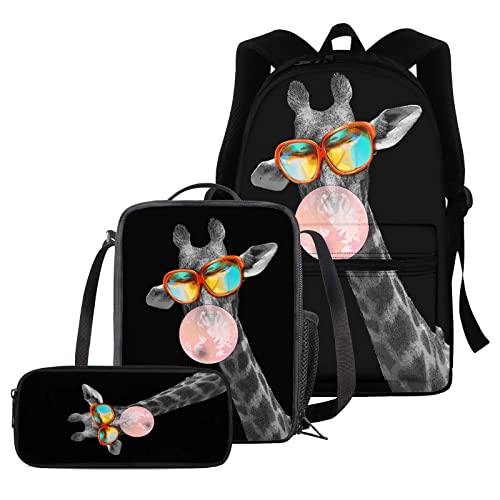 Schultaschen-Set mit Tierpferd für Kinder, 3-in-1-Schulrucksack + Federmäppchen + Thermo-Lunchbox, komplettes Set für Jungen, Mädchen, niedliches Tier-Schulbüchertaschen-Set mit Seitentasche, Lustige von fifbird