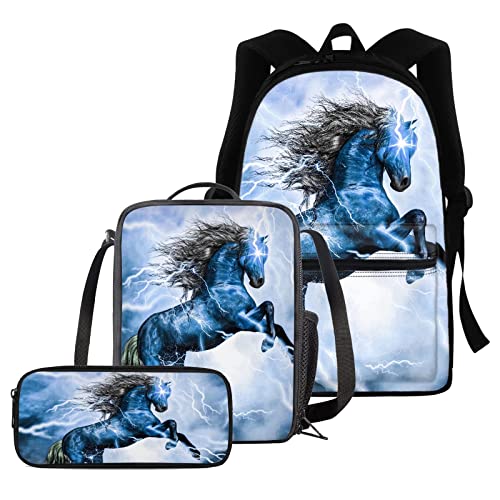 Schultaschen-Set mit Tierpferd für Kinder, 3-in-1-Schulrucksack + Federmäppchen + Thermo-Lunchbox, komplettes Set für Jungen, Mädchen, niedliches Tier-Schulbüchertaschen-Set mit Seitentasche, Blue von fifbird