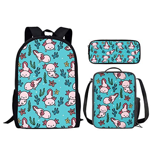 Sea Otter Schulrucksack für Mädchen mit Lunchbox, Grundschüler, Büchertasche, 3-in-1, Schulranzen-Set für Jungen, Rucksack, Geldbörse, Kinder, niedliche Büchertaschen, Federmäppchen, Axolotl 2, von fifbird