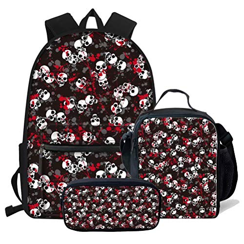 fifbird 3 Stück Kinder Schoool Rucksack Set Totenkopf Büchertasche mit Lucn Tasche Federmäppchen für Jungen Teenager Coole Büchertaschen Männer Casual Daypack, Totenkopf-2 (3 Stück/Se, Einheitsgröße, von fifbird