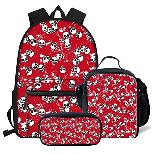 fifbird 3 Stück Kinder Schoool Rucksack Set Totenkopf Büchertasche mit Lucn Tasche Federmäppchen für Jungen Teenager Coole Büchertaschen Männer Casual Daypack, Totenkopf-3 (3 Stück/Se, Einheitsgröße, von fifbird