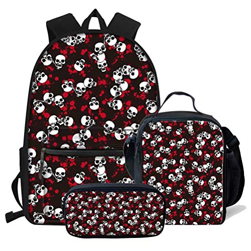 fifbird 3 Stück Kinder Schoool Rucksack Set Totenkopf Büchertasche mit Lucn Tasche Federmäppchen für Jungen Teenager Coole Büchertaschen Männer Casual Daypack, Totenkopf-4 (3 Stück/Se, Einheitsgröße, von fifbird