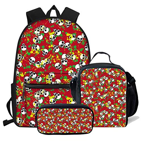 fifbird 3 Stück Kinder Schoool Rucksack Set Totenkopf Büchertasche mit Lucn Tasche Federmäppchen für Jungen Teenager Coole Büchertaschen Männer Casual Daypack, Totenkopf-5 (3 Stück/Se, Einheitsgröße, von fifbird