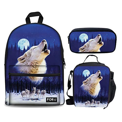 fifbird 3 Stück Kinder Schulranzen Set Galaxy Pferd Rucksack mit Lunchbox Federmäppchen für Jungen Mädchen Große Büchertaschen Damen Herren Canvas Rucksack, Blauer Wolf (3 Stück), Einheitsgröße, von fifbird