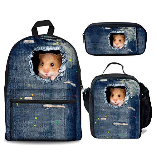 fifbird 3 Stück Kinder Schulranzen Set Galaxy Pferd Rucksack mit Lunchbox Federmäppchen für Jungen Mädchen Große Büchertaschen Damen Herren Canvas Rucksack, Denim-Hamster (3, Einheitsgröße, von fifbird