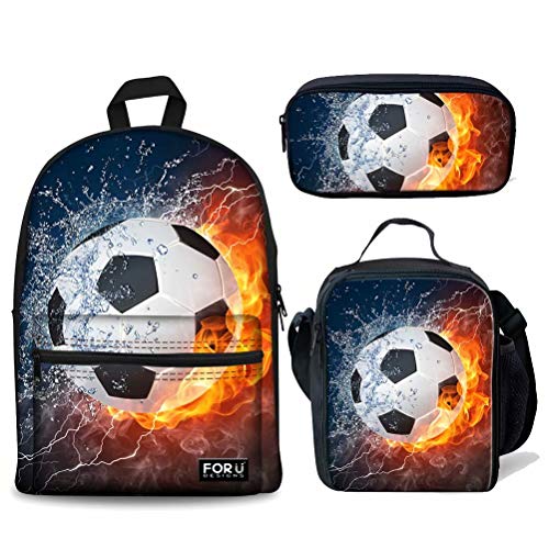 fifbird 3 Stück Kinder Schulranzen Set Galaxy Pferd Rucksack mit Lunchbox Federmäppchen für Jungen Mädchen Große Büchertaschen Damen Herren Canvas Rucksack, Feuer-Fußball (3, Einheitsgröße, von fifbird