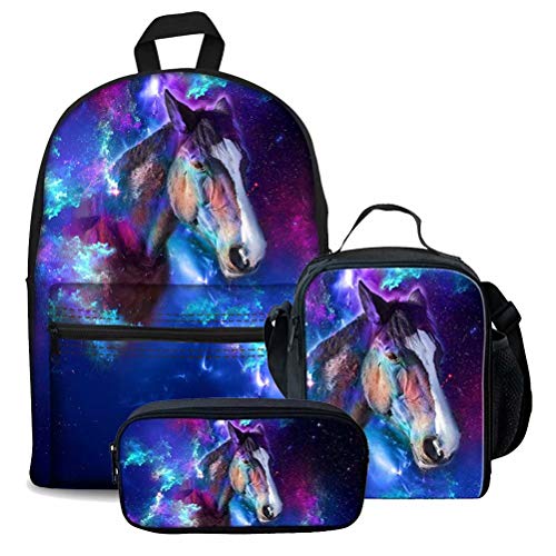 fifbird 3 Stück Kinder Schulranzen Set Galaxy Pferd Rucksack mit Lunchbox Federmäppchen für Jungen Mädchen Große Büchertaschen Damen Herren Canvas Rucksack, Galaxy-Pferd (3p, Einheitsgröße, von fifbird