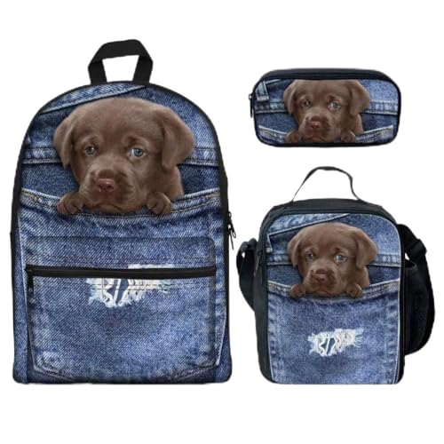 fifbird 3 Stück Kinder Schulranzen Set Galaxy Pferd Rucksack mit Lunchbox Federmäppchen für Jungen Mädchen Große Büchertaschen Damen Herren Canvas Rucksack, Jeansbrauner Hund, Einheitsgröße, von fifbird