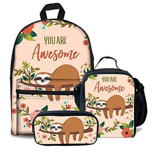 fifbird 3 Stück Kinder Schulranzen Set Galaxy Pferd Rucksack mit Lunchbox Federmäppchen für Jungen Mädchen Große Büchertaschen Damen Herren Canvas Rucksack, Niedliches Faultier (3 Stück), von fifbird