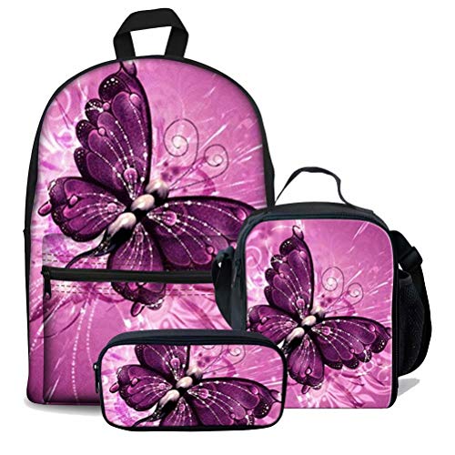 fifbird 3 Stück Kinder Schulranzen Set Galaxy Pferd Rucksack mit Lunchbox Federmäppchen für Jungen Mädchen Große Büchertaschen Damen Herren Canvas Rucksack, Schmetterling-Rosa (, Einheitsgröße, von fifbird