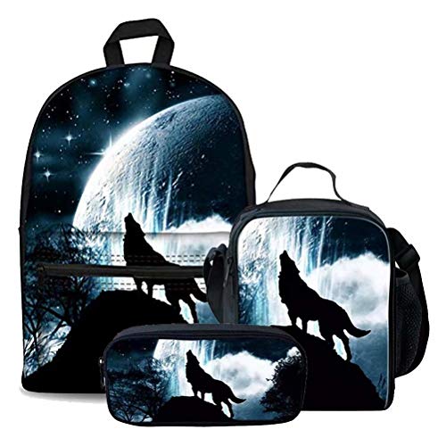 fifbird 3 Stück Kinder Schulranzen Set Galaxy Pferd Rucksack mit Lunchbox Federmäppchen für Jungen Mädchen Große Büchertaschen Damen Herren Canvas Rucksack, Tier-Wolf-Moo, Einheitsgröße, von fifbird