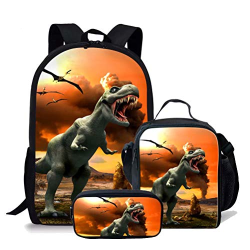 fifbird 3 Stück T-Rex Dinosaurier Schultaschen Set für Jungen Canvas Rucksack Set mit cooler Lunchbox Tasche und Federmäppchen für Teenager Männer Großer Rucksack, Multisaur-1, Einheitsgröße, von fifbird