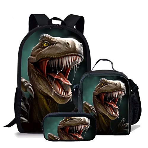 fifbird 3 Stück T-Rex Dinosaurier Schultaschen Set für Jungen Canvas Rucksack Set mit cooler Lunchbox Tasche und Federmäppchen für Teenager Männer Großer Rucksack, Multisaur-3, Einheitsgröße, von fifbird