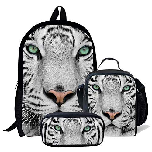 fifbird 3 Stück T-Rex Dinosaurier Schultaschen Set für Jungen Canvas Rucksack Set mit cooler Lunchbox Tasche und Federmäppchen für Teenager Männer Großer Rucksack, weißer tiger, Einheitsgröße, von fifbird