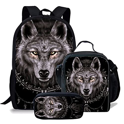 fifbird 3-in-1-Büchertaschen-Set mit Wolfskopf-Halskette, Schultasche, Jungen, Laptop, cooler Wolfs-Schulter-Tagesrucksack, Kinderrucksack, Reisetasche, Lunch-Tasche, Federmäppchen, Geschenk, von fifbird
