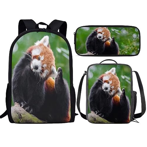 fifbird 3-in-1-Büchertaschen-Set mit rotem Panda-Motiv, für Jungen und Mädchen, Schulanfang, roter Panda-Rucksack mit Lunchbox für Grundschule, Red Panda, Einheitsgröße, Tagesrucksäcke von fifbird