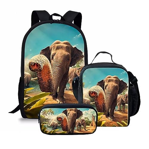 fifbird 3-in-1-Rucksack und Lunchbox-Set für Jungen und Mädchen, mit Tierdruck, Pferde-Rucksack-Set, Ein Elefant, Einheitsgröße, Tagesrucksäcke von fifbird