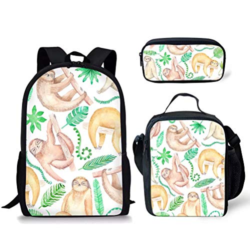 fifbird 3-teiliges Rucksack-Set mit Blumen-Faultier-Motiv, Schulrucksack, 3-teiliges Büchertasche, Thermo-Lunch-Tasche und Federmäppchen, 3 x Faultier-14, Einheitsgröße, Tagesrucksäcke von fifbird