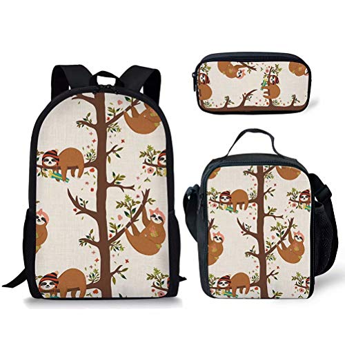 fifbird 3-teiliges Rucksack-Set mit Blumen-Faultier-Motiv, Schulrucksack, 3-teiliges Büchertasche, Thermo-Lunch-Tasche und Federmäppchen, 3 x Faultier-9, Einheitsgröße, Tagesrucksäcke von fifbird