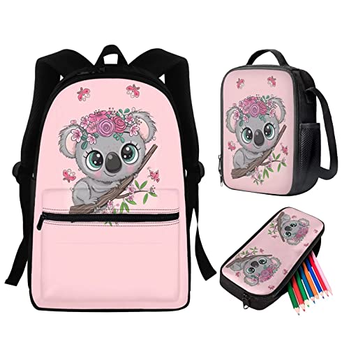 fifbird 3er Set Mittelschultasche für Mädchen, mit Lunchtasche, für Teenager, Kinder, Rucksack, Mops, Rucksack und Lunchbox, Federmäppchen, Schwarz, Blumen-Faultier, Einheitsgröße, Tagesrucksäcke von fifbird