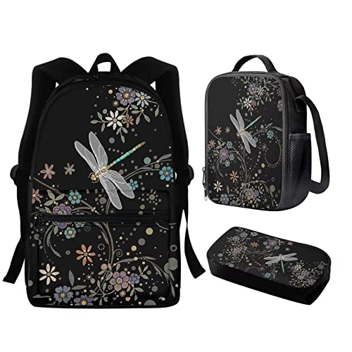 fifbird 3er Set Mittelschultasche für Mädchen, mit Lunchtasche, für Teenager, Kinder, Rucksack, Mops, Rucksack und Lunchbox, Federmäppchen, Schwarz, Libelle Flowe, Einheitsgröße, Tagesrucksäcke von fifbird