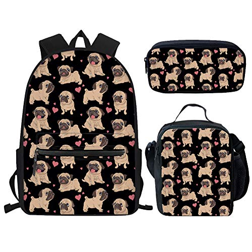 fifbird 3er Set Mittelschultasche für Mädchen, mit Lunchtasche, für Teenager, Kinder, Rucksack, Mops, Rucksack und Lunchbox, Federmäppchen, Schwarz, Mops, Schwarz, Einheitsgröße, Tagesrucksäcke von fifbird