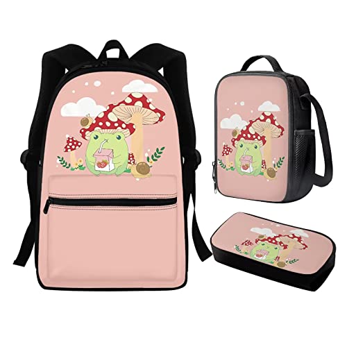 fifbird 3er Set Mittelschultasche für Mädchen, mit Lunchtasche, für Teenager, Kinder, Rucksack, Mops, Rucksack und Lunchbox, Federmäppchen, Schwarz, Niedlicher Frosch Mushr, Einheitsgröße, von fifbird