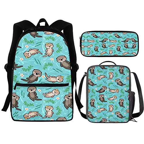 fifbird 3er Set Mittelschultasche für Mädchen, mit Lunchtasche, für Teenager, Kinder, Rucksack, Mops, Rucksack und Lunchbox, Federmäppchen, Schwarz, Süßer Seeotter, Einheitsgröße, Tagesrucksäcke von fifbird