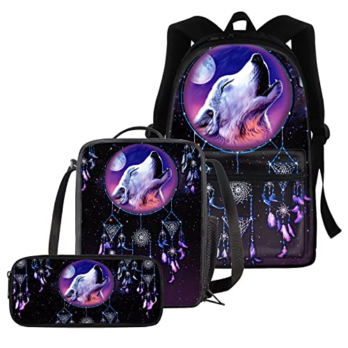 fifbird Bedruckter Rucksack mit heulendem Wolf, für Teenager, Kinder, Traumfänger, Wolf, große Büchertaschen, Thermo-Lunchbox, Federmäppchen, komplettes Set mit 3 Stück, Schulrucksack, College, von fifbird