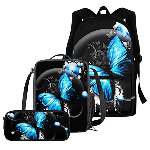 fifbird Bedruckter Rucksack mit heulendem Wolf, für Teenager, Kinder, Traumfänger, Wolf, große Büchertaschen, Thermo-Lunchbox, Federmäppchen, komplettes Set mit 3 Stück, Schulrucksack, College, von fifbird