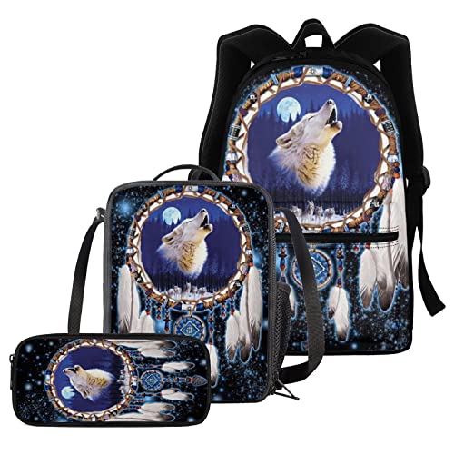 fifbird Bedruckter Rucksack mit heulendem Wolf, für Teenager, Kinder, Traumfänger, Wolf, große Büchertaschen, Thermo-Lunchbox, Federmäppchen, komplettes Set mit 3 Stück, Schulrucksack, College, von fifbird