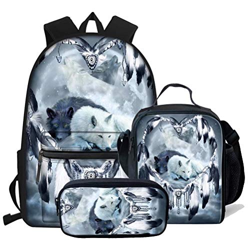 fifbird Braun-graues Rucksack-Set, 3-teilig, lässiger Schulrucksack für Damen, Teenager, Mädchen, isolierte Lunchtasche, Federmäppchen, Stiftetasche, 3 x Wolf -4, Einheitsgröße, Tagesrucksäcke von fifbird