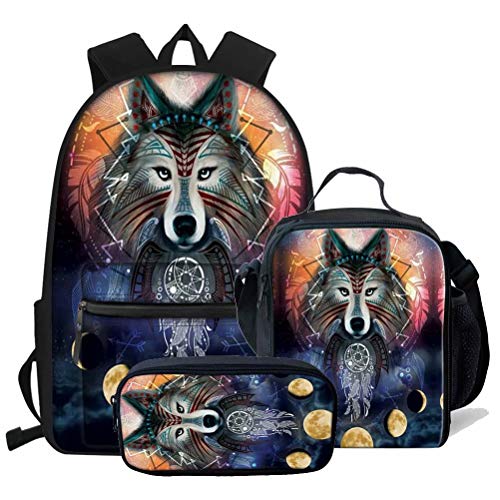 fifbird Braun-graues Rucksack-Set, 3-teilig, lässiger Schulrucksack für Damen, Teenager, Mädchen, isolierte Lunchtasche, Federmäppchen, Stiftetasche, 3 x Wolf -8, Einheitsgröße, Tagesrucksäcke von fifbird