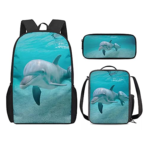 fifbird College 3-teiliges Set für Schule, Laptop, Rucksack, Büchertasche, Teenager, Thermo-Lunchbox, Stifteetui, Make-up-Paket mit Sonnenuntergang Delfin-Druck, Grauwal, Einheitsgröße, Tagesrucksäcke von fifbird