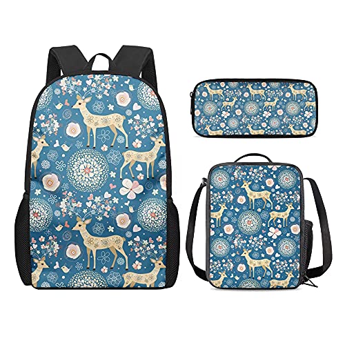 fifbird College 3-teiliges Set für Schule, Laptop, Rucksack, Büchertasche, Teenager, Thermo-Lunchbox, Stifteetui, Make-up-Paket mit Sonnenuntergang Delfin-Druck, Happy Deer, Einheitsgröße, von fifbird