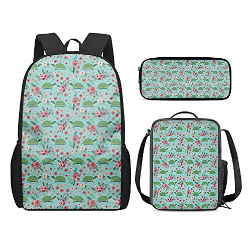 fifbird College 3-teiliges Set für Schule, Laptop, Rucksack, Büchertasche, Teenager, Thermo-Lunchbox, Stifteetui, Make-up-Paket mit Sonnenuntergang Delfin-Druck, Schildkröten-Blumenmuster, von fifbird