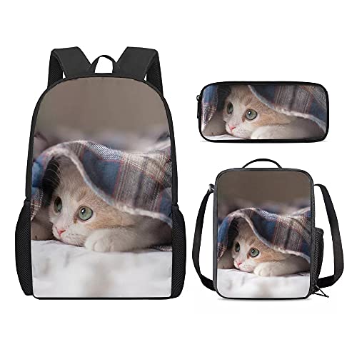 fifbird College 3-teiliges Set für Schule, Laptop, Rucksack, Büchertasche, Teenager, Thermo-Lunchbox, Stifteetui, Make-up-Paket mit Sonnenuntergang Delfin-Druck, Schöne Katze, Einheitsgröße, von fifbird