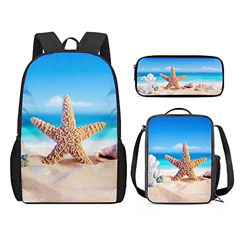 fifbird College 3-teiliges Set für Schule, Laptop, Rucksack, Büchertasche, Teenager, Thermo-Lunchbox, Stifteetui, Make-up-Paket mit Sonnenuntergang Delfin-Druck, Strand Seestern, Einheitsgröße, von fifbird