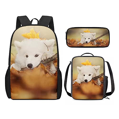 fifbird College 3-teiliges Set für Schule, Laptop, Rucksack, Büchertasche, Teenager, Thermo-Lunchbox, Stifteetui, Make-up-Paket mit schönem Katzendruck, Blätter Hund, Einheitsgröße, Tagesrucksäcke von fifbird