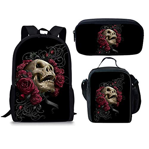 fifbird Coole Dinosaurier f Schulranzen 3er Set Schulrucksack Set Groß Umhängetasche mit Flaschenhalter Lunch Tasche Federmäppchen, Totenkopf Rose, Einheitsgröße, Tagesrucksäcke, BAG3SET von fifbird