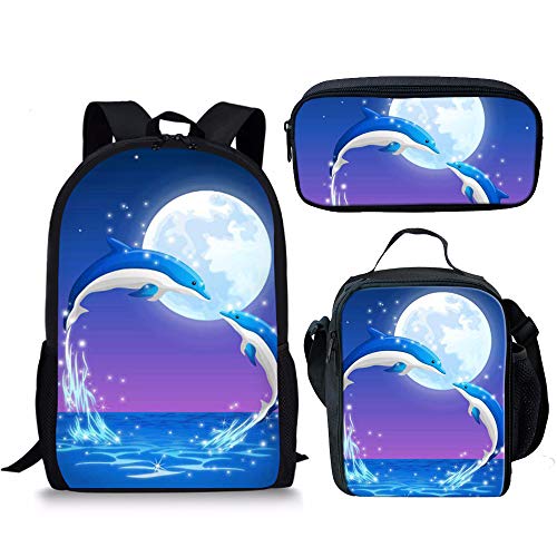 fifbird Cooler Wolf Rucksack, niedlich, für Kinder, Teenager, Jungen, Mädchen, 3-teiliges Schulbüchertaschen-Set, Blue Dolphin Cg, Einheitsgröße, Tagesrucksäcke von fifbird