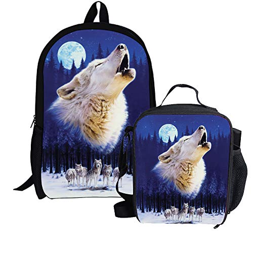 fifbird Cooler Wolf Rucksack, niedlich, für Kinder, Teenager, Jungen, Mädchen, 3-teiliges Schulbüchertaschen-Set, White Wolf Cg, Einheitsgröße, Tagesrucksäcke von fifbird