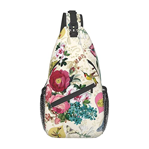 fifbird Crossbody-Rucksack, Schultertasche, Brusttasche, Schultertasche, Reisen, Wandern, Tagesrucksack für Männer und Frauen, schöne helle Vögel und Blumen, Vogel Schmetterling Rose, One size von fifbird