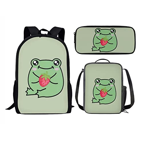 fifbird Dinosaurier-Kinder-Schulrucksack, 3er-Set, Federmäppchen, isolierte Lunchtasche, verstellbare Träger, Frosch Erdbeere, Einheitsgröße, Tagesrucksäcke von fifbird