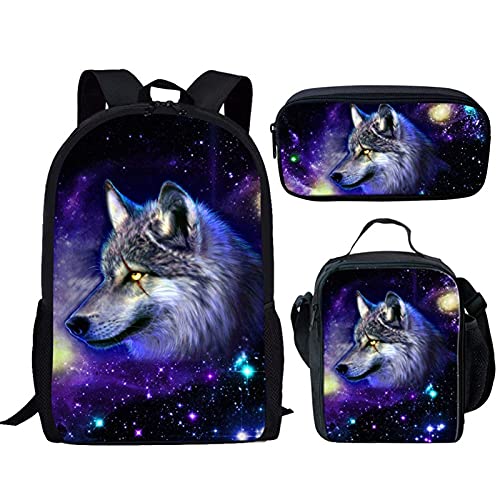 fifbird Dinosaurier-Kinder-Schulrucksack, 3er-Set, Federmäppchen, isolierte Lunchtasche, verstellbare Träger, Galaxy Wolf, Einheitsgröße, Tagesrucksäcke von fifbird