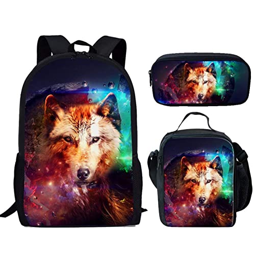 fifbird Dinosaurier-Kinder-Schulrucksack, 3er-Set, Federmäppchen, isolierte Lunchtasche, verstellbare Träger, Galaxy Wolf Ani, Einheitsgröße, Tagesrucksäcke von fifbird